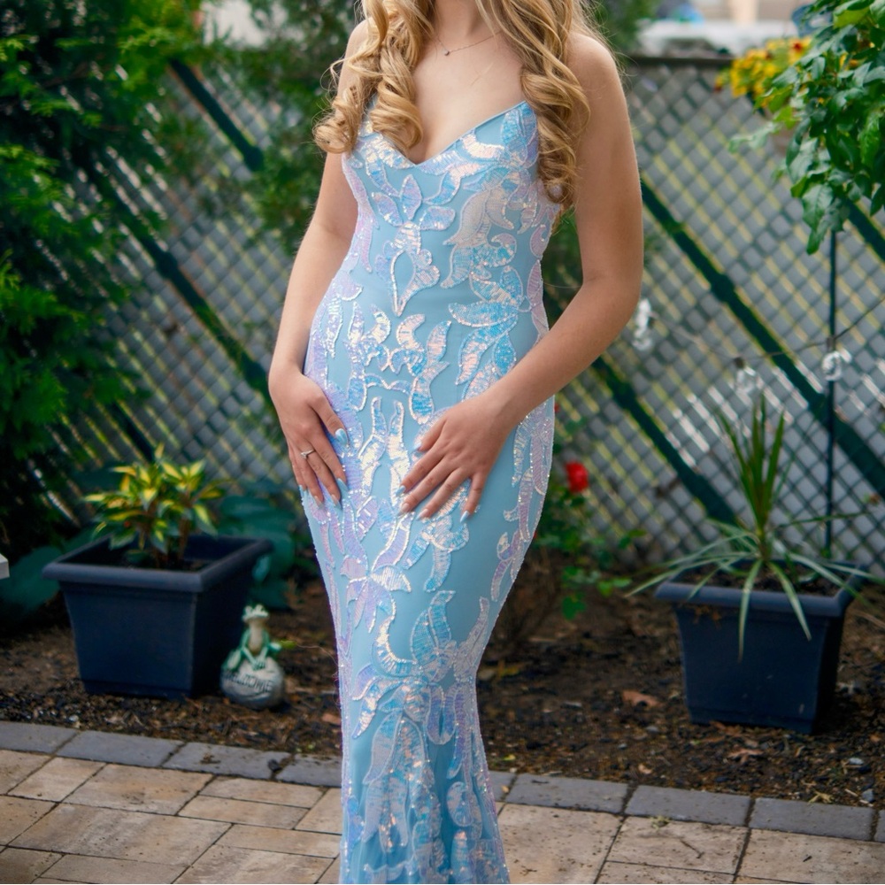 Jovani Light Blue and Silver Sequined Gown Size 4